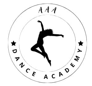Black logo with a leaping dancer silhouette, text 'AAA DANCE ACADEMY', and two stars on a white background.
